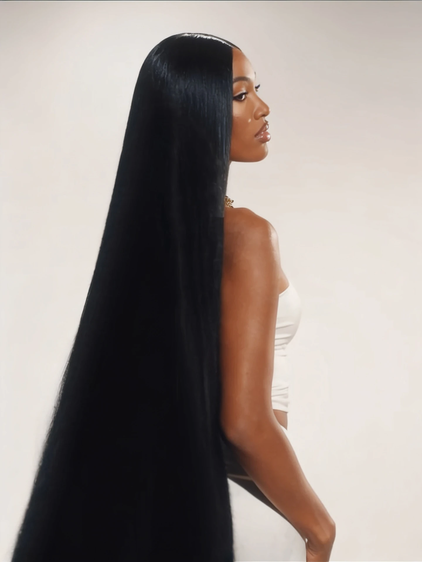 Model with long glossy straight Five Star Strands hair extensions